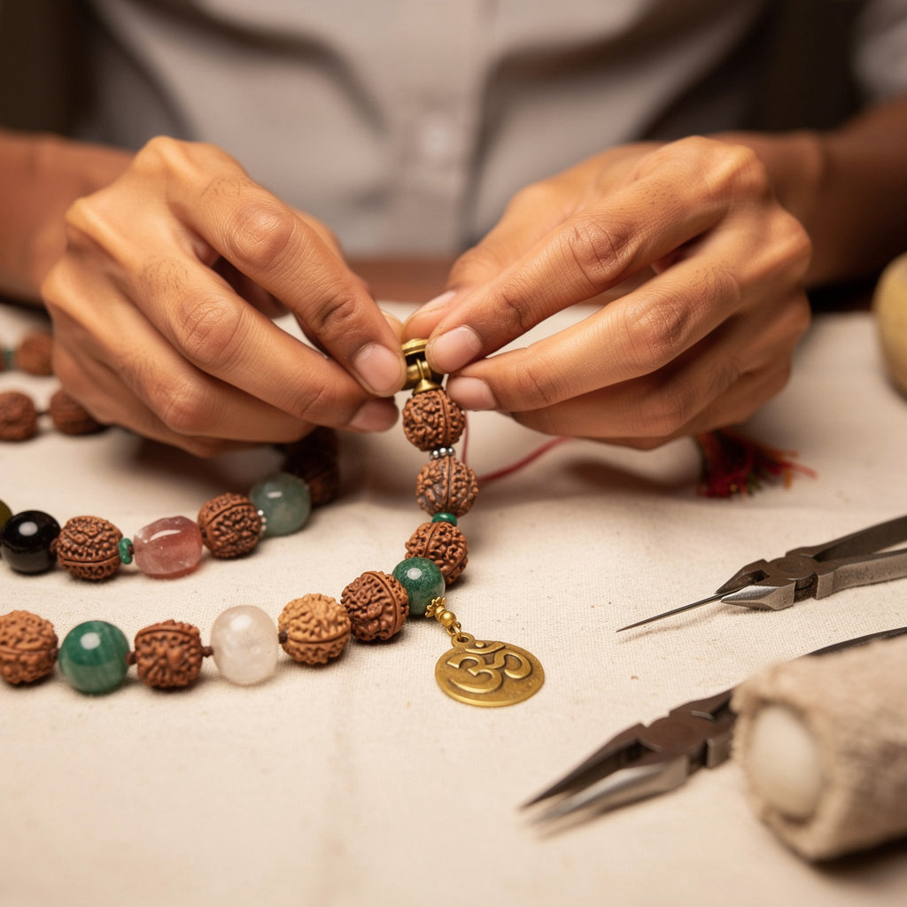 Aadhyaatmik artisan crafting spiritual jewelry with precision and devotion