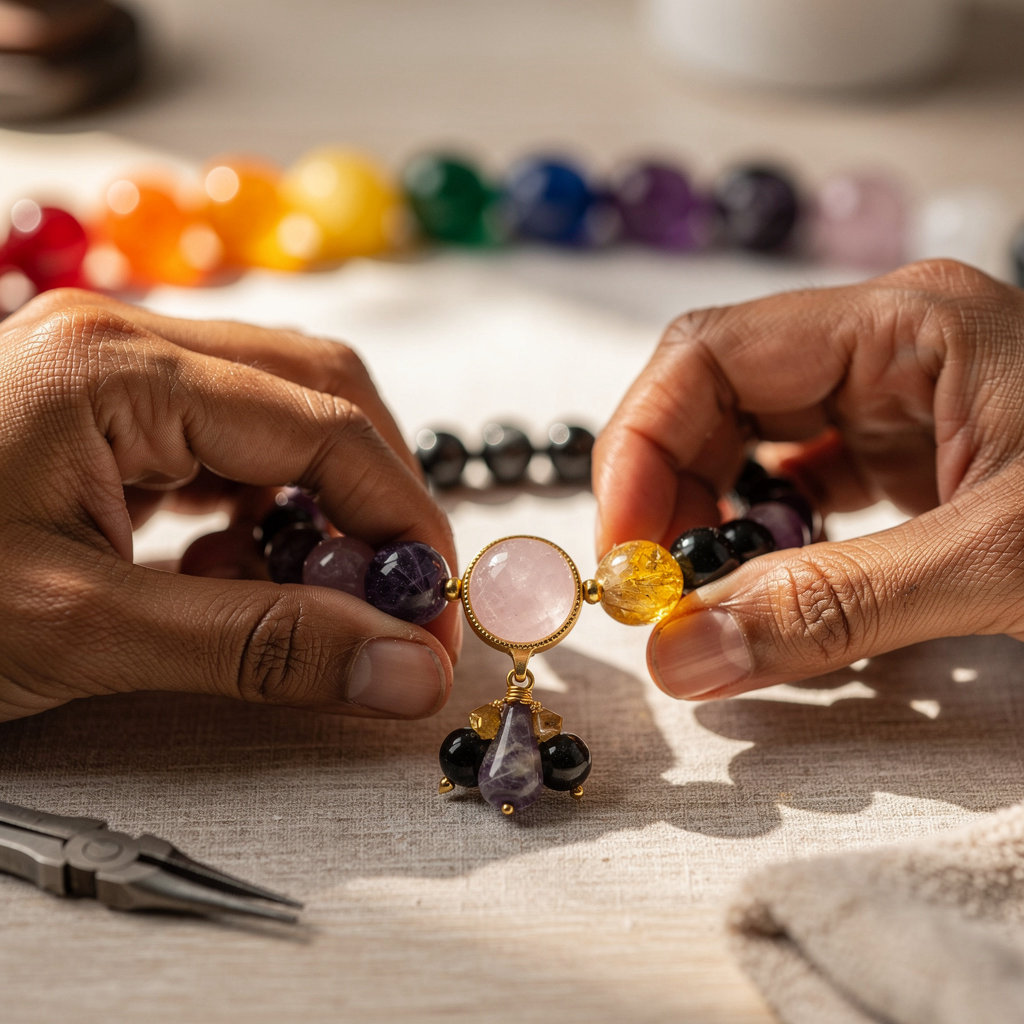 Aadhyaatmik certified gemstone healing jewelry collection with rose quartz, amethyst, black onyx and tiger eye stones