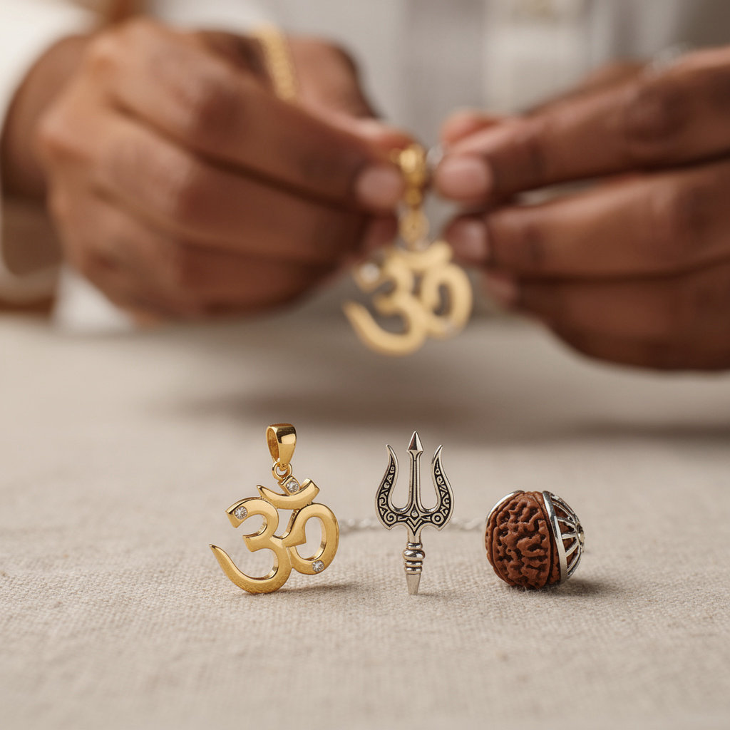 Aadhyaatmik divine symbol jewelry collection featuring Om, Hanuman, Ganesha sacred pendants