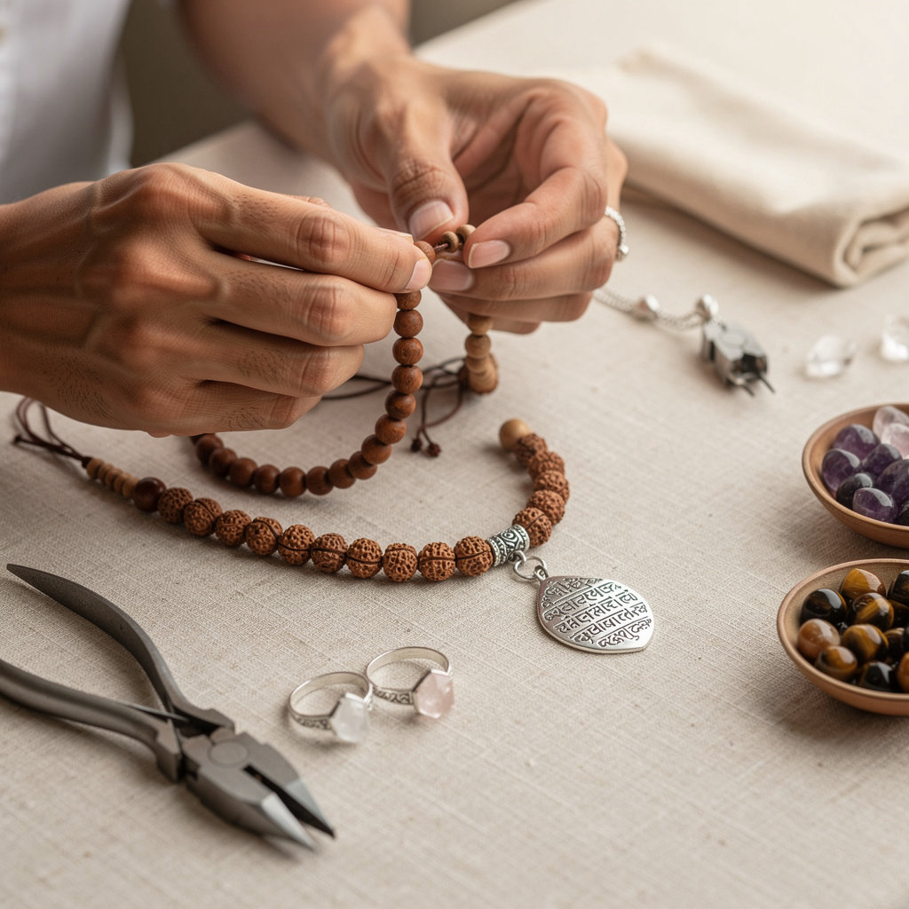 Aadhyaatmik sacred mantra jewelry collection with precision-inscribed Sanskrit mantras on gold-plated pieces